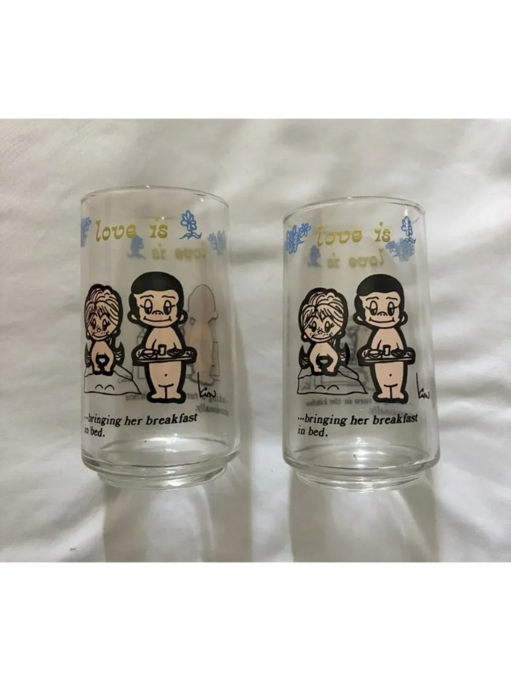 Vintage Anchor Hocking 1976 Kim Casali LA Times Love Is 8 Pc Set 12oz Glass Cups